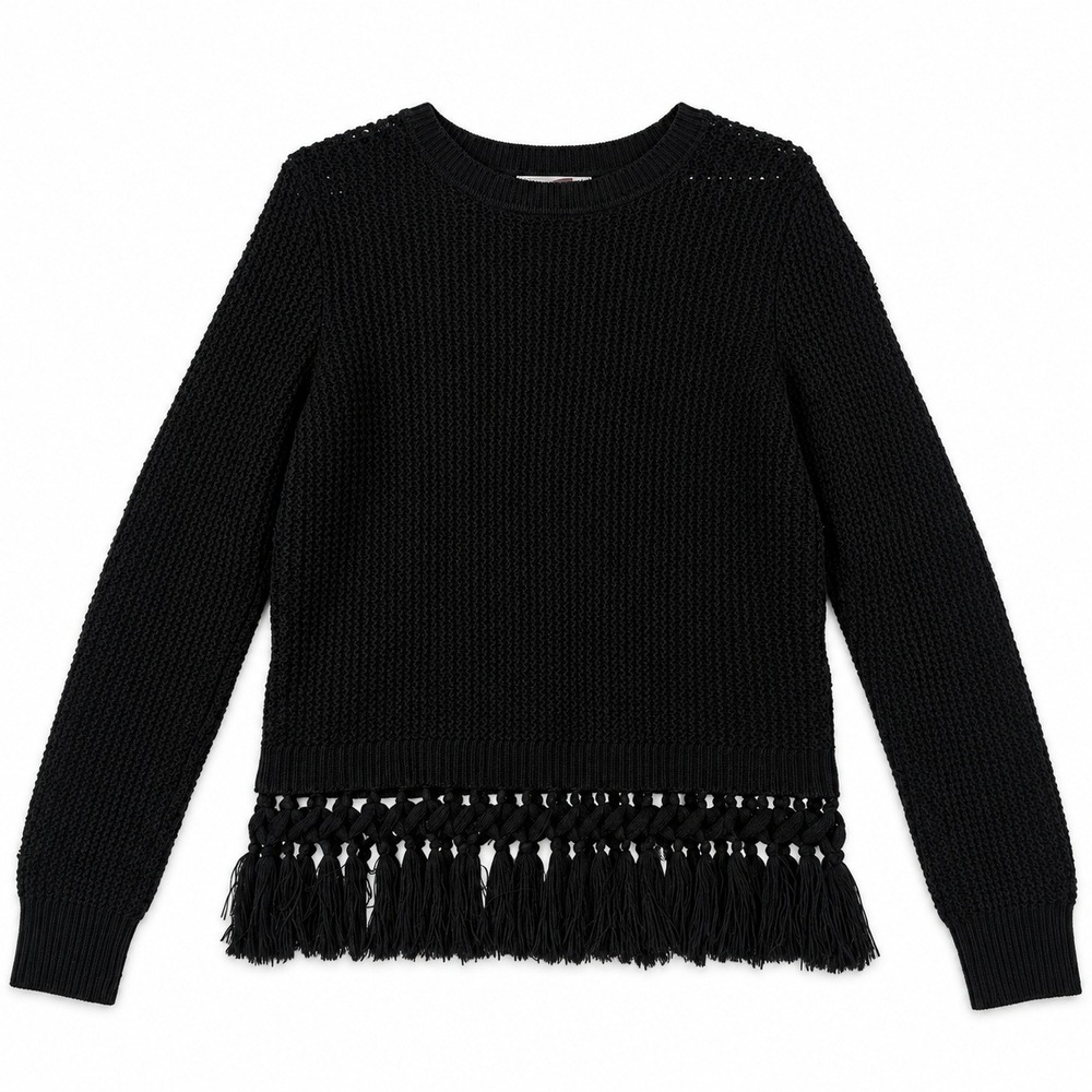 Club Monaco Merino Wool Fringe Sweater Women Black Knitted Macrame Hem